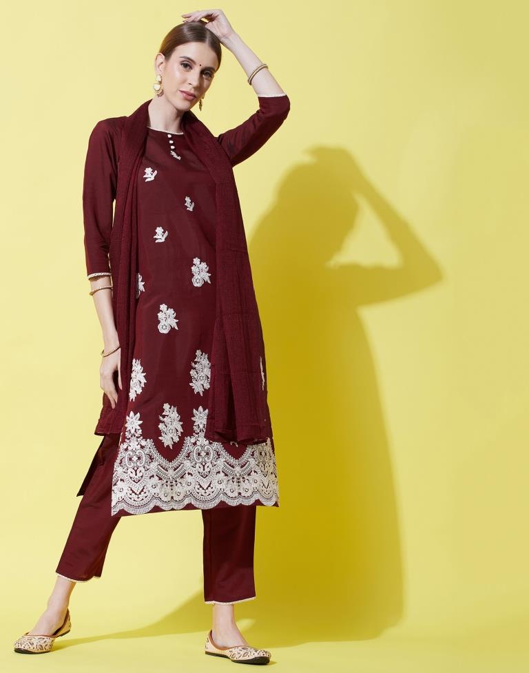 Maroon Kurti With Pant And Dupatta | Leemboodi