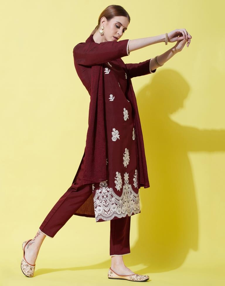 Maroon Kurti With Pant And Dupatta | Leemboodi