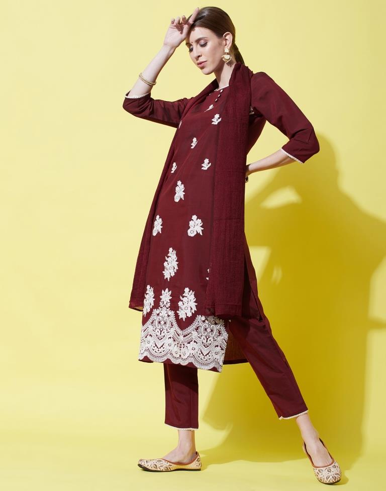 Maroon Kurti With Pant And Dupatta | Leemboodi