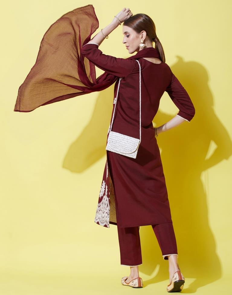 Maroon Kurti With Pant And Dupatta | Leemboodi