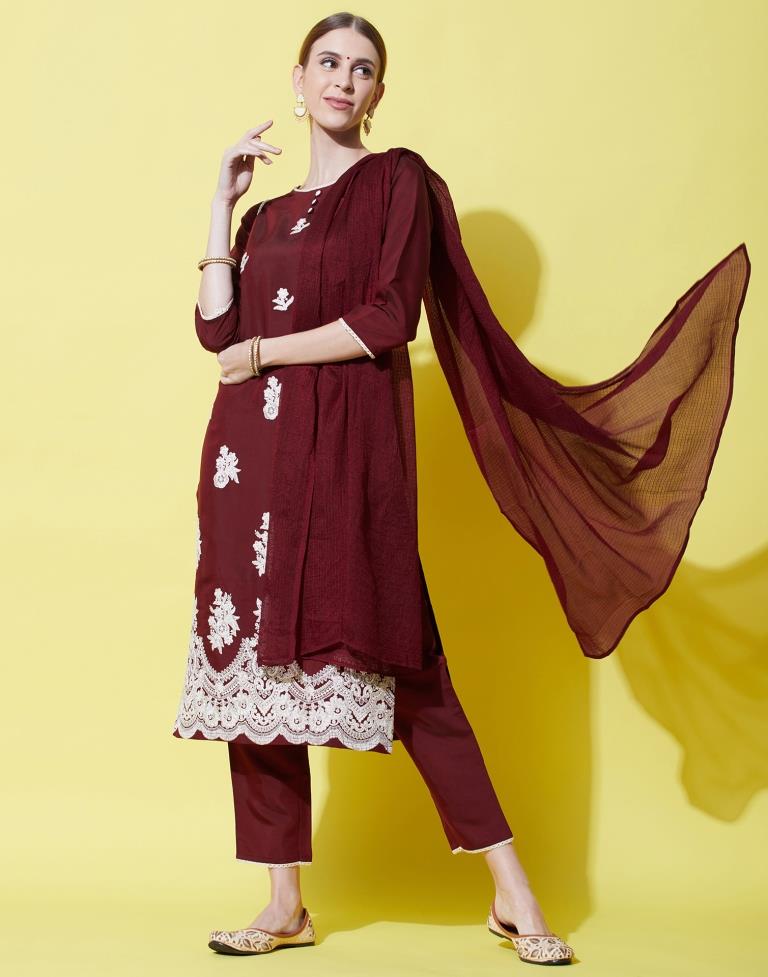 Maroon Kurti With Pant And Dupatta | Leemboodi