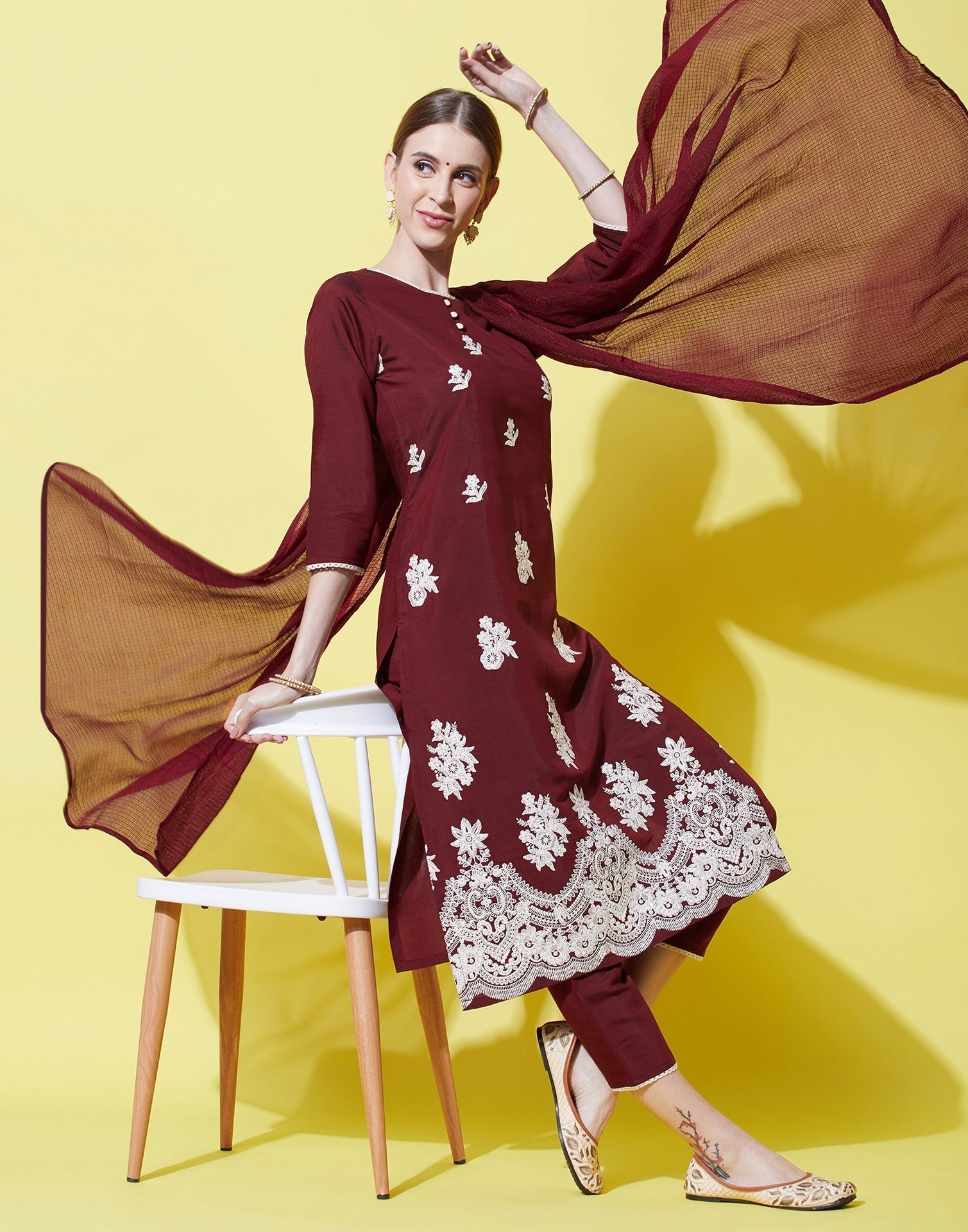 Maroon Kurti With Pant And Dupatta | Leemboodi