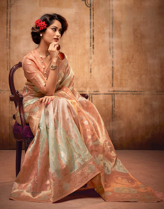 Light Peach Organza Silk Jacquard Saree | Leemboodi