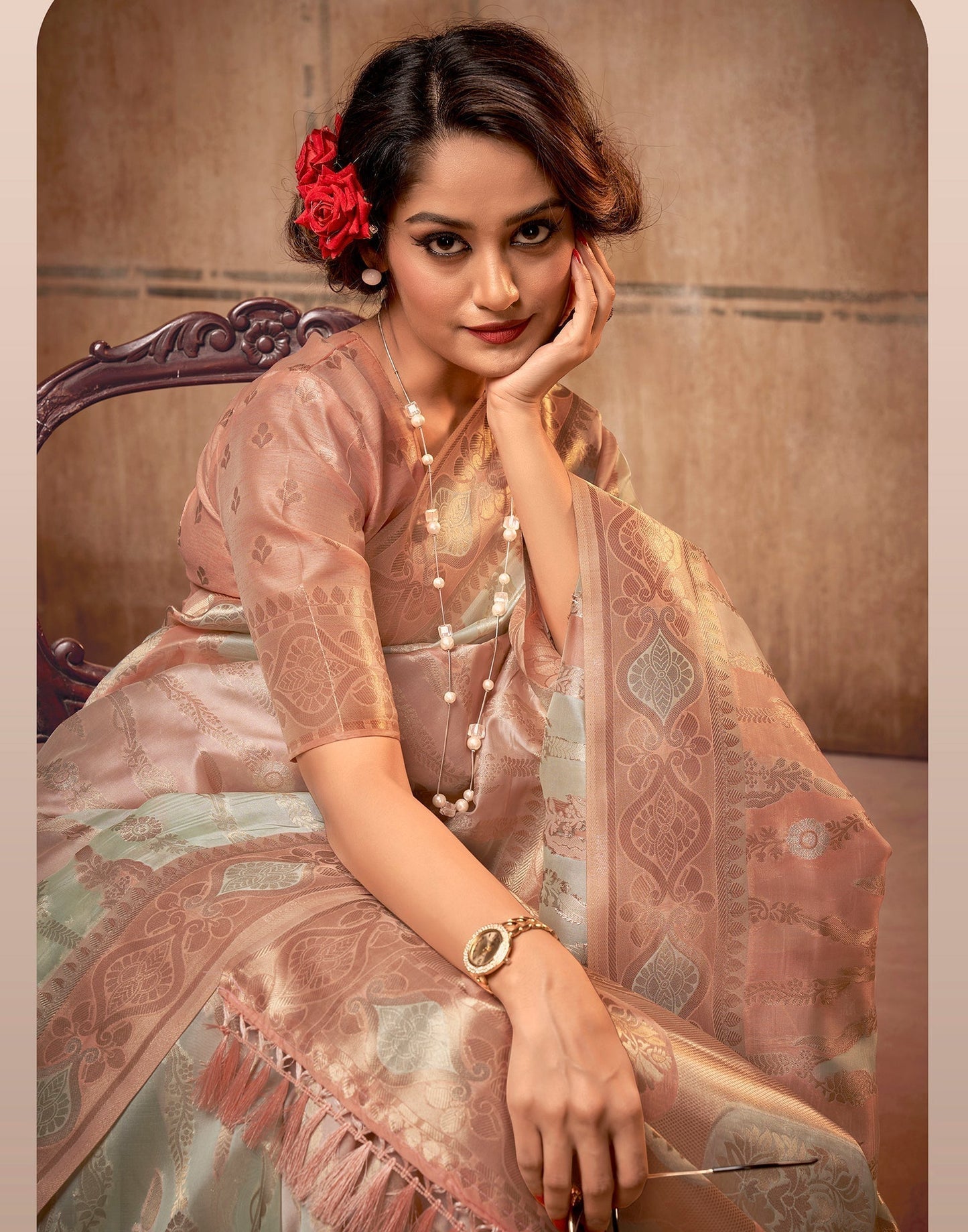 Light Peach Organza Silk Jacquard Saree | Leemboodi