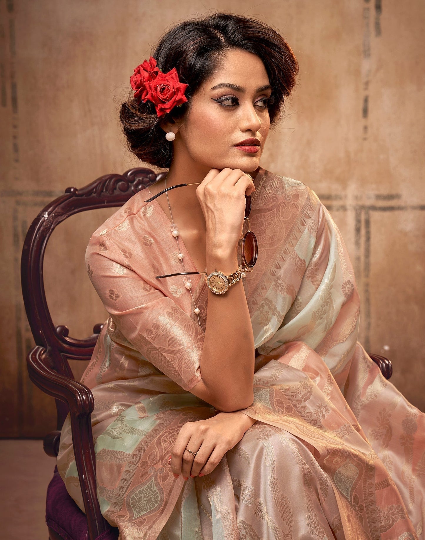 Light Peach Organza Silk Jacquard Saree | Leemboodi