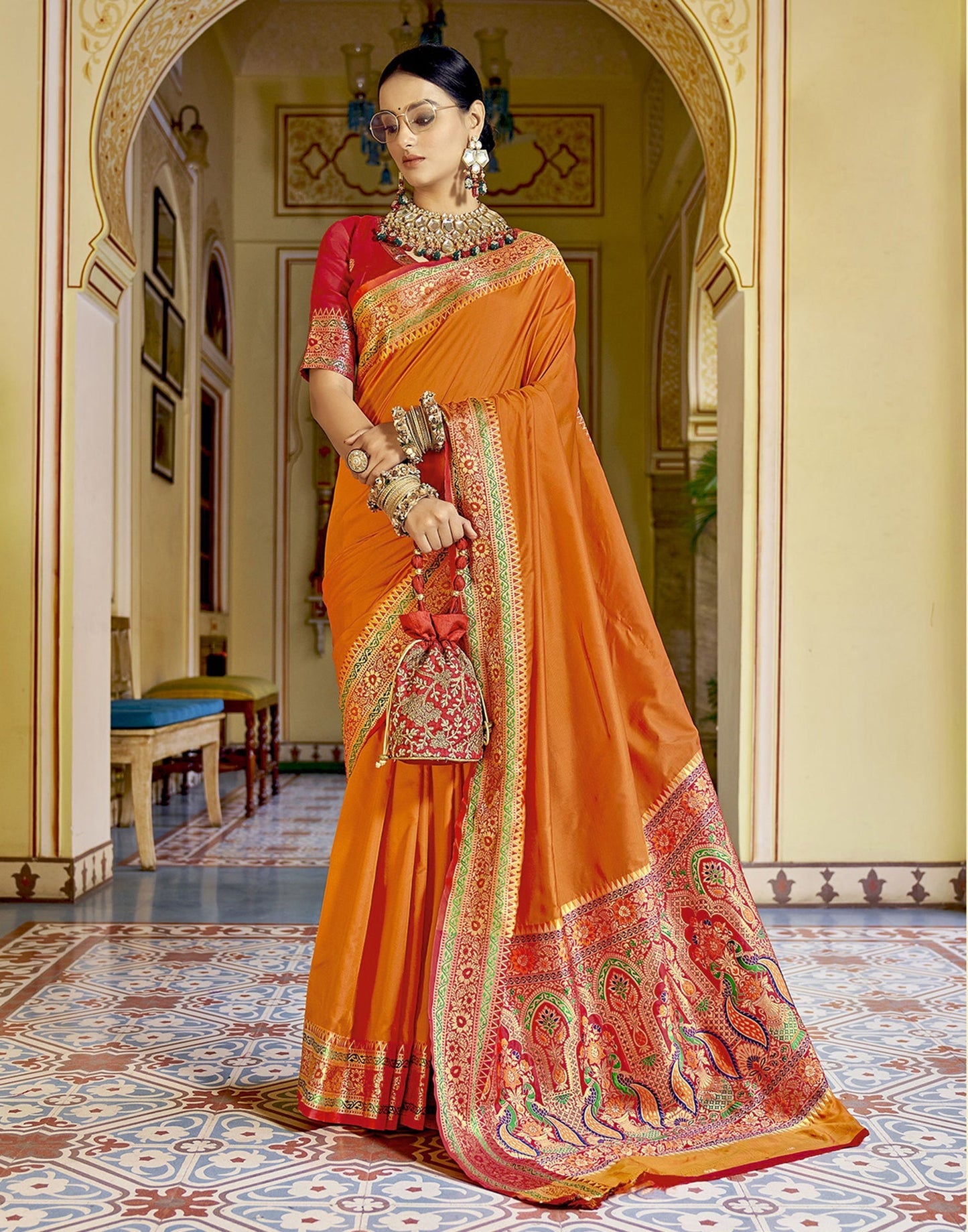 Orange Silk Paithani Saree | Leemboodi