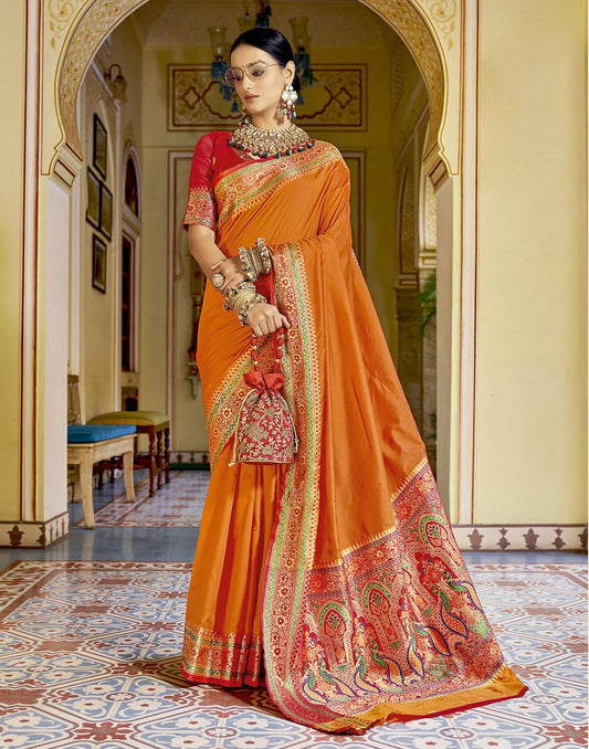 Orange Silk Paithani Saree | Leemboodi