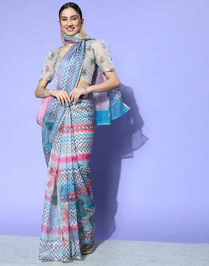 Multicoloured Organza Printed Saree | Leemboodi