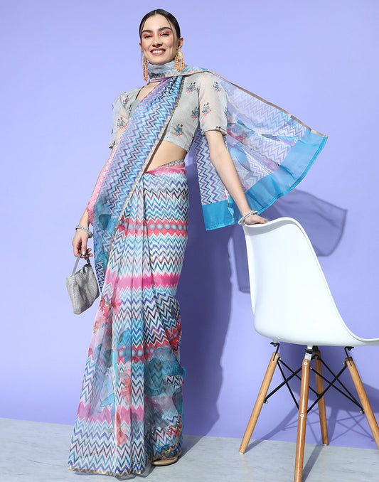Multicoloured Organza Printed Saree | Leemboodi