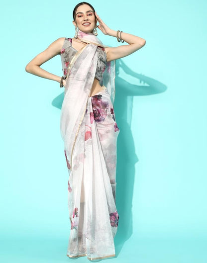 Light Pink Organza Floral Printed Saree