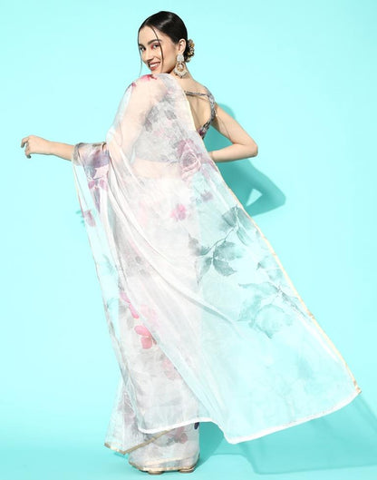 Light Pink Organza Floral Printed Saree