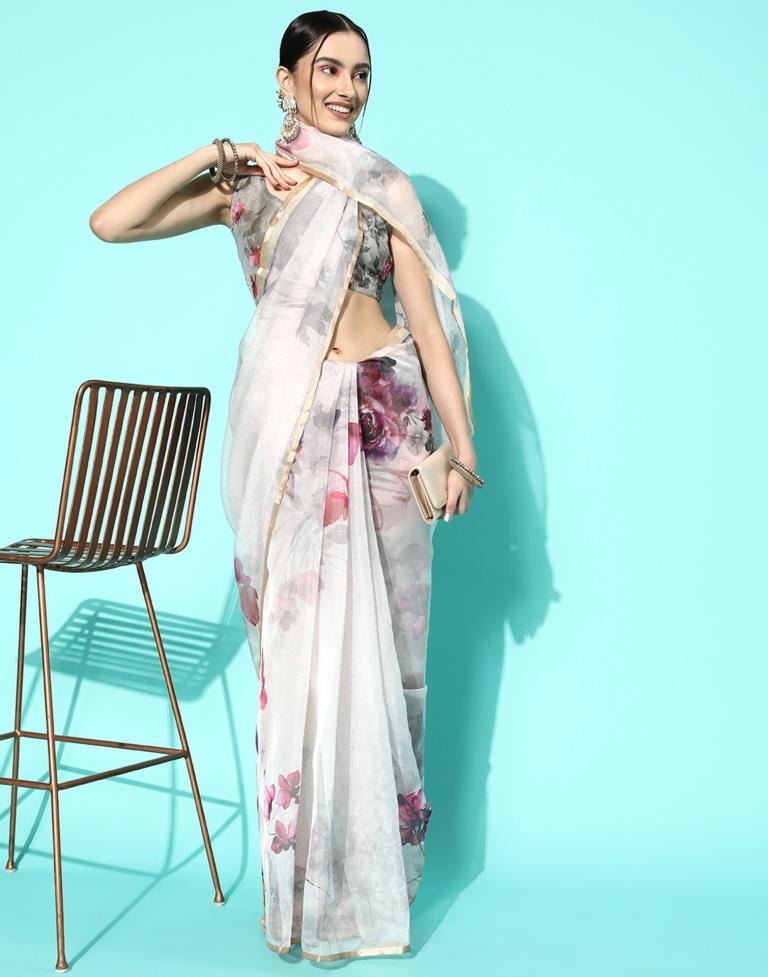 Light Pink Organza Floral Printed Saree