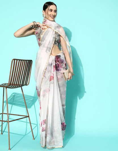 Light Pink Organza Floral Printed Saree