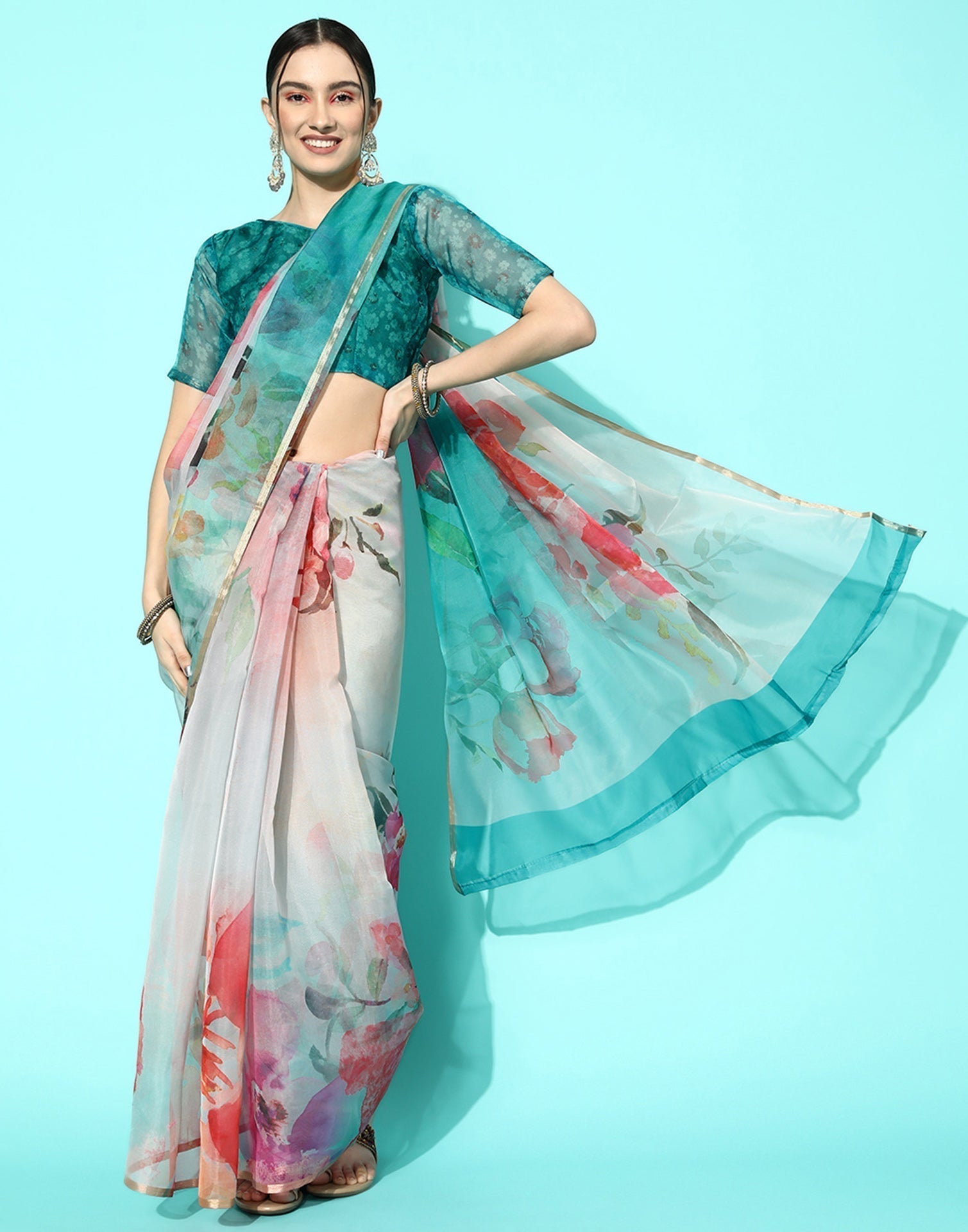 Multicoloured Organza Floral Printed Saree | Leemboodi