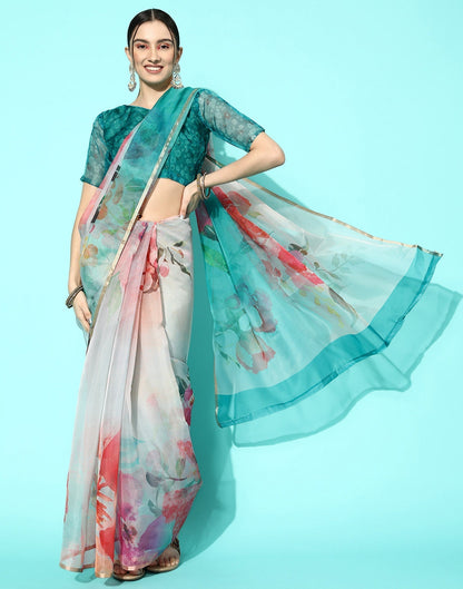Multicoloured Organza Floral Printed Saree | Leemboodi