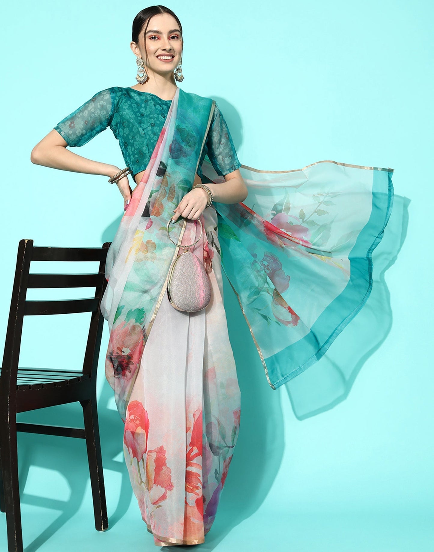 Multicoloured Organza Floral Printed Saree | Leemboodi