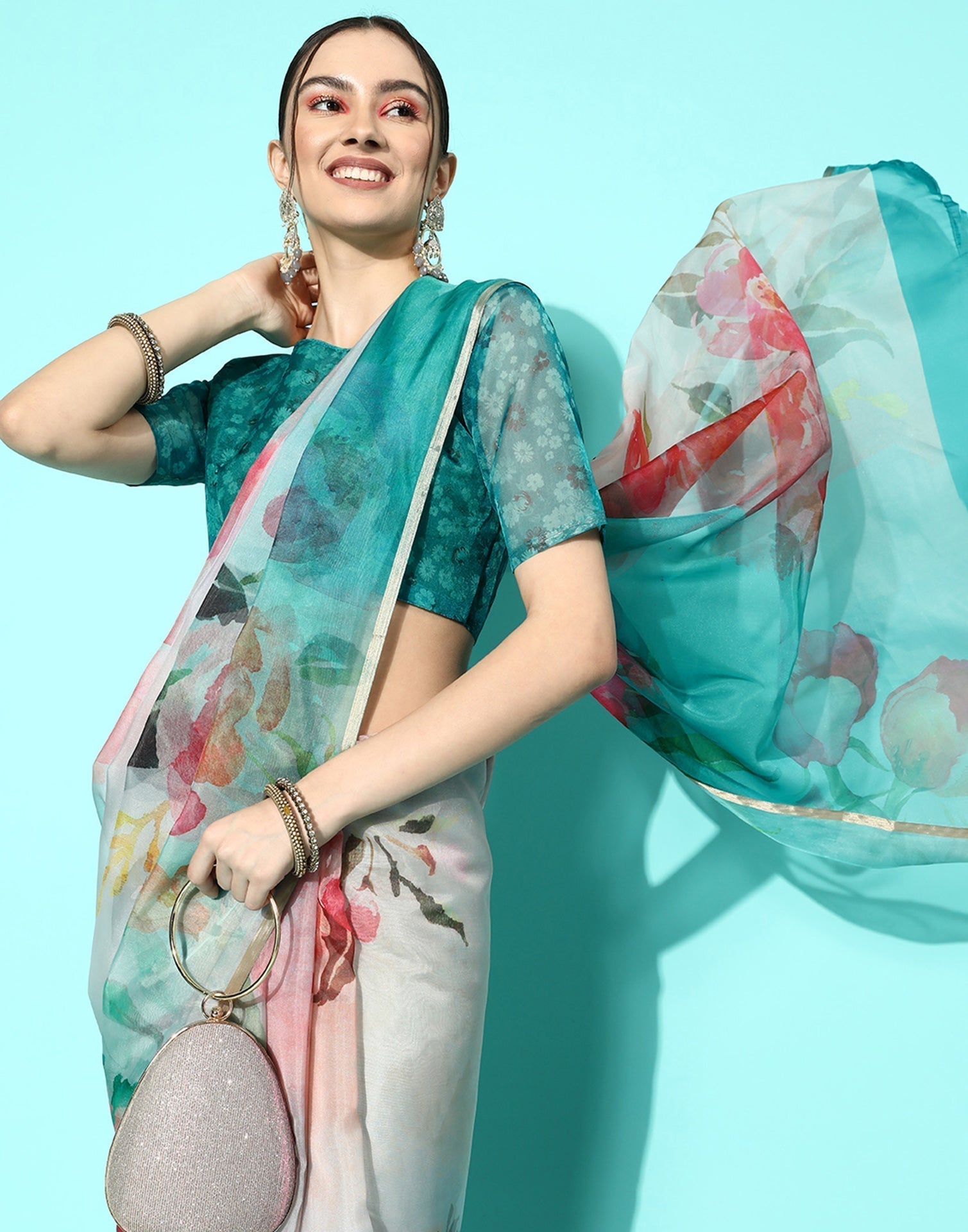 Multicoloured Organza Floral Printed Saree | Leemboodi