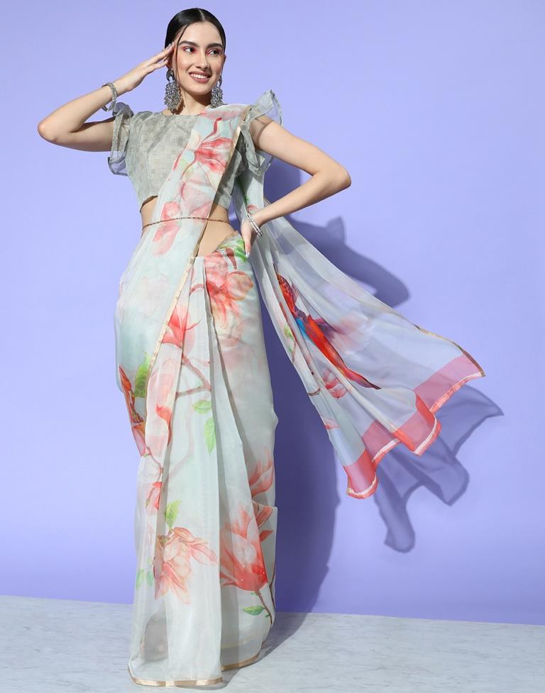 Light Grey Organza Floral Printed Saree