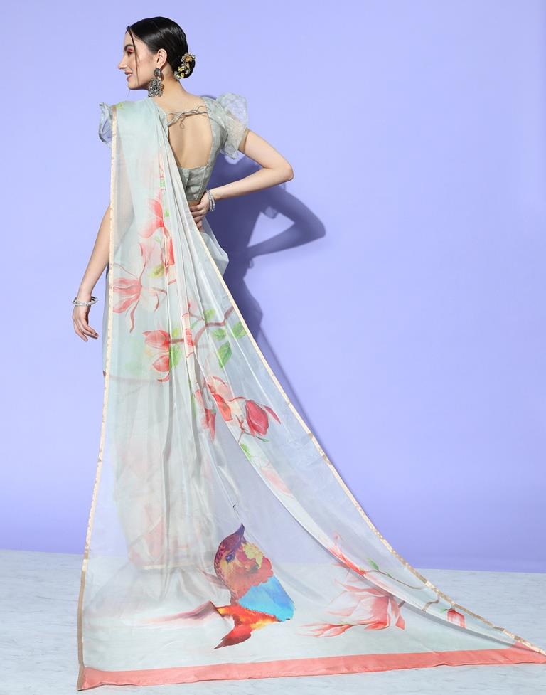 Light Grey Organza Floral Printed Saree