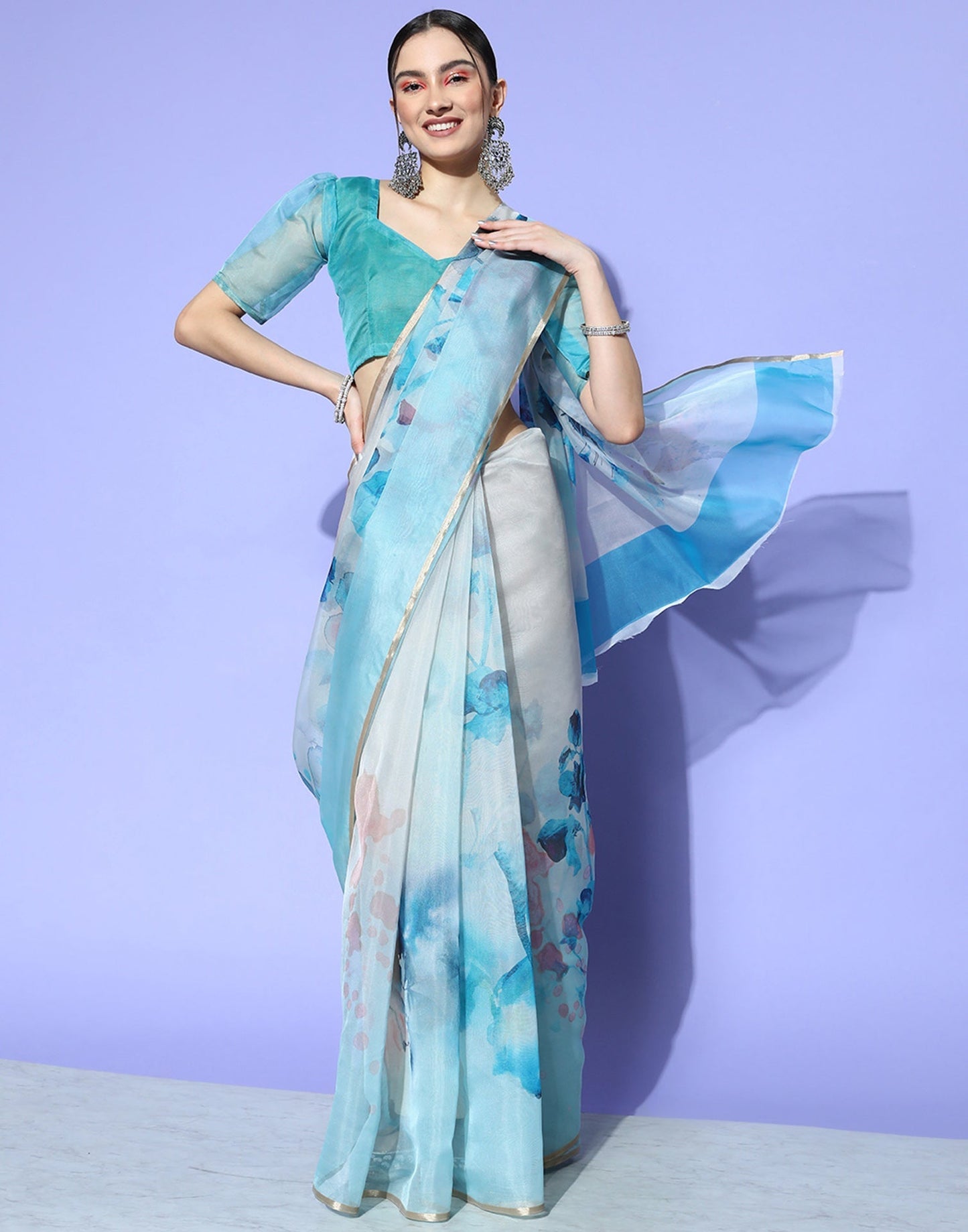 Light Blue And Light Grey Organza Printed Saree | Sudathi