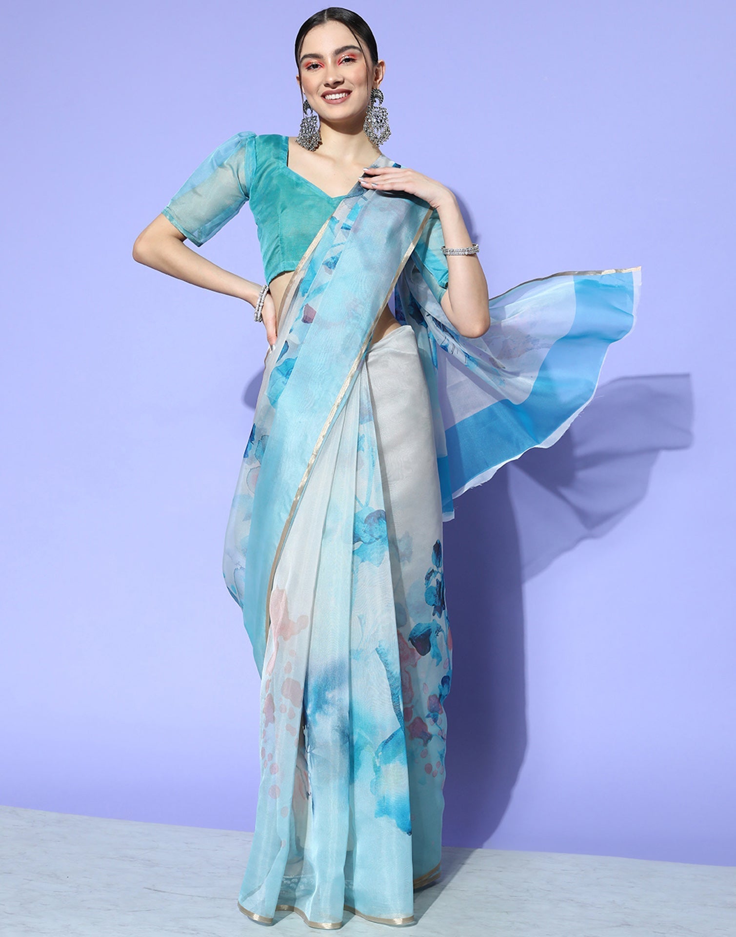 Light Blue And Light Grey Organza Printed Saree | Sudathi