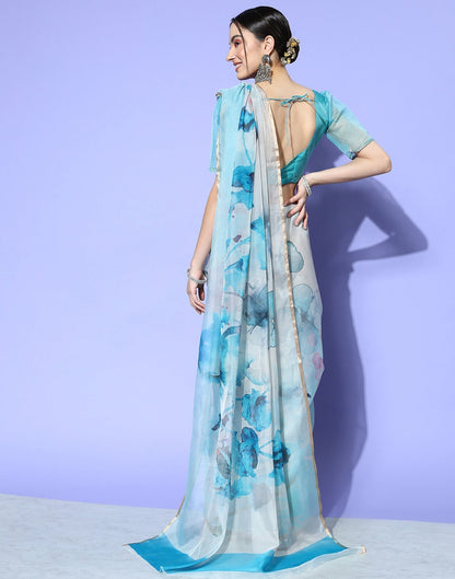 Light Blue And Light Grey Organza Printed Saree | Sudathi
