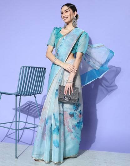 Light Blue And Light Grey Organza Printed Saree | Sudathi