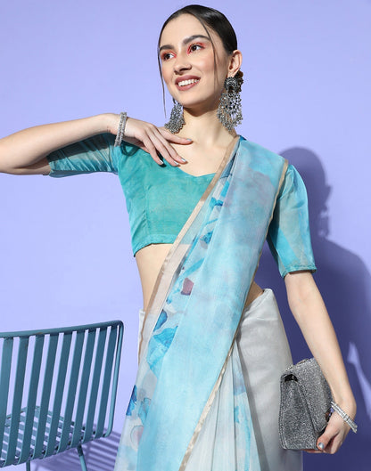 Light Blue And Light Grey Organza Printed Saree | Sudathi