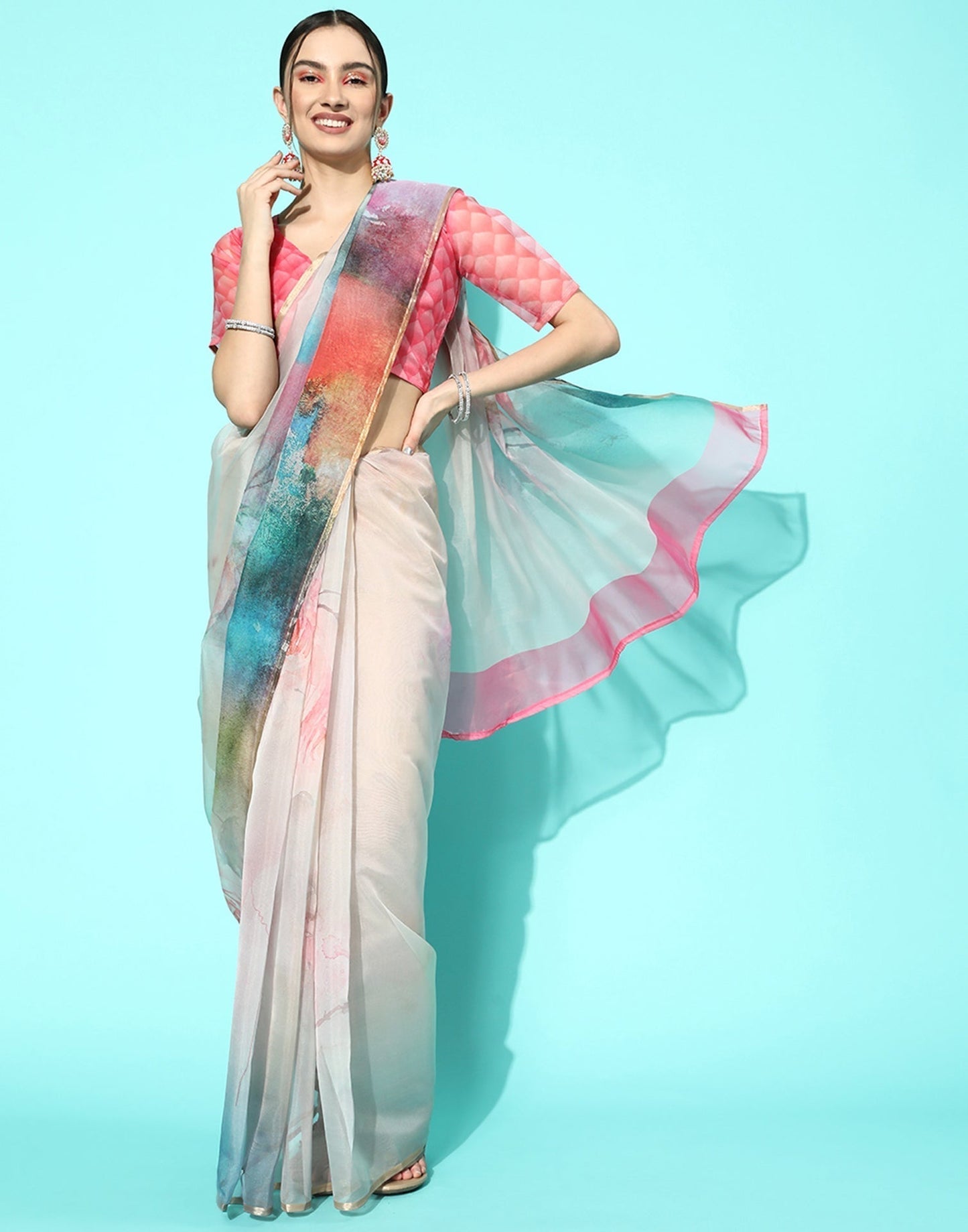 Multicoloured Organza Printed Saree | Leemboodi