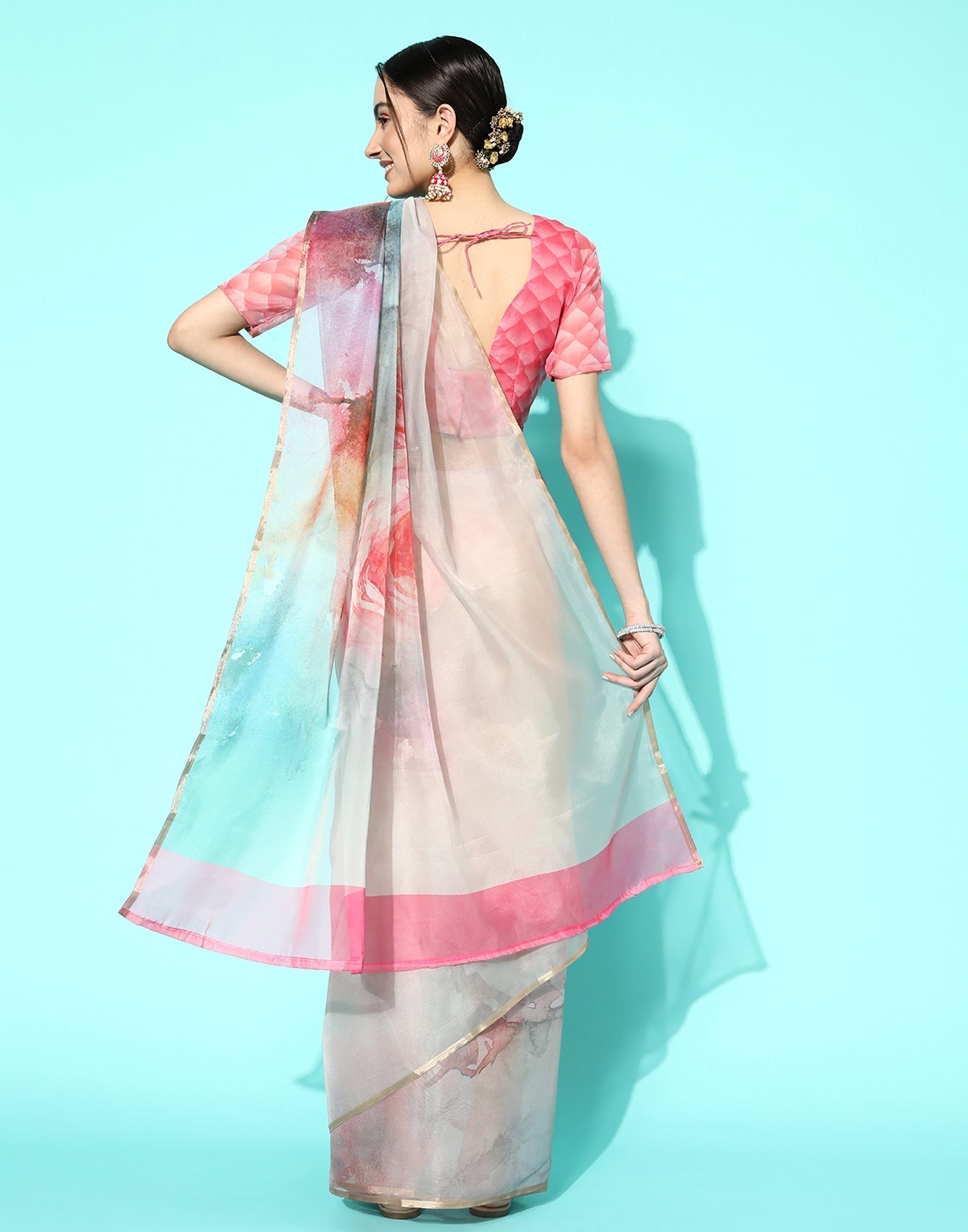 Multicoloured Organza Printed Saree | Leemboodi