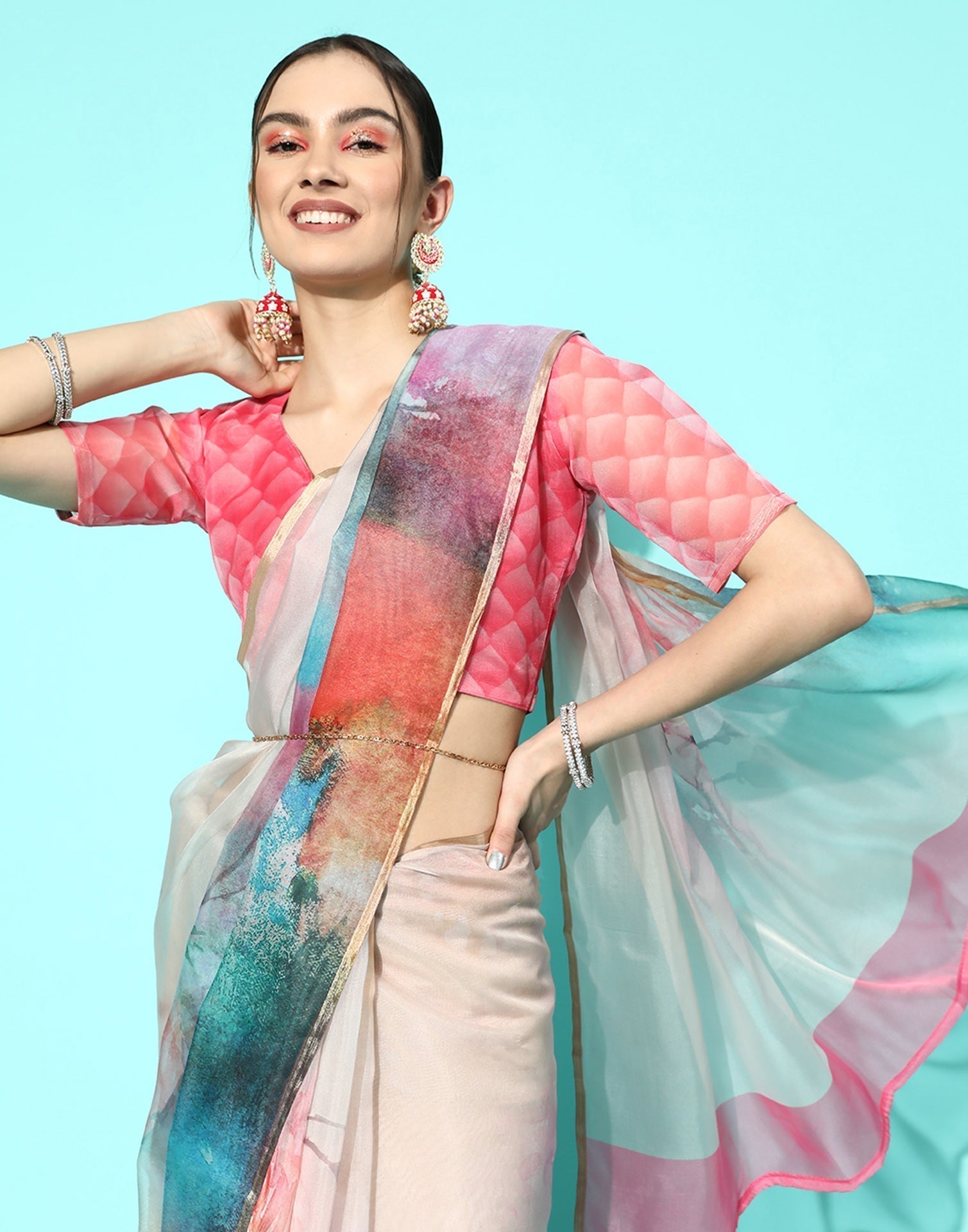 Multicoloured Organza Printed Saree | Leemboodi