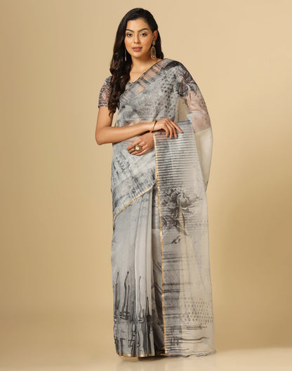 Grey Organza Printed Saree | Leemboodi