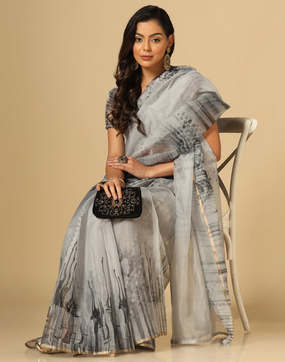 Grey Organza Printed Saree | Leemboodi