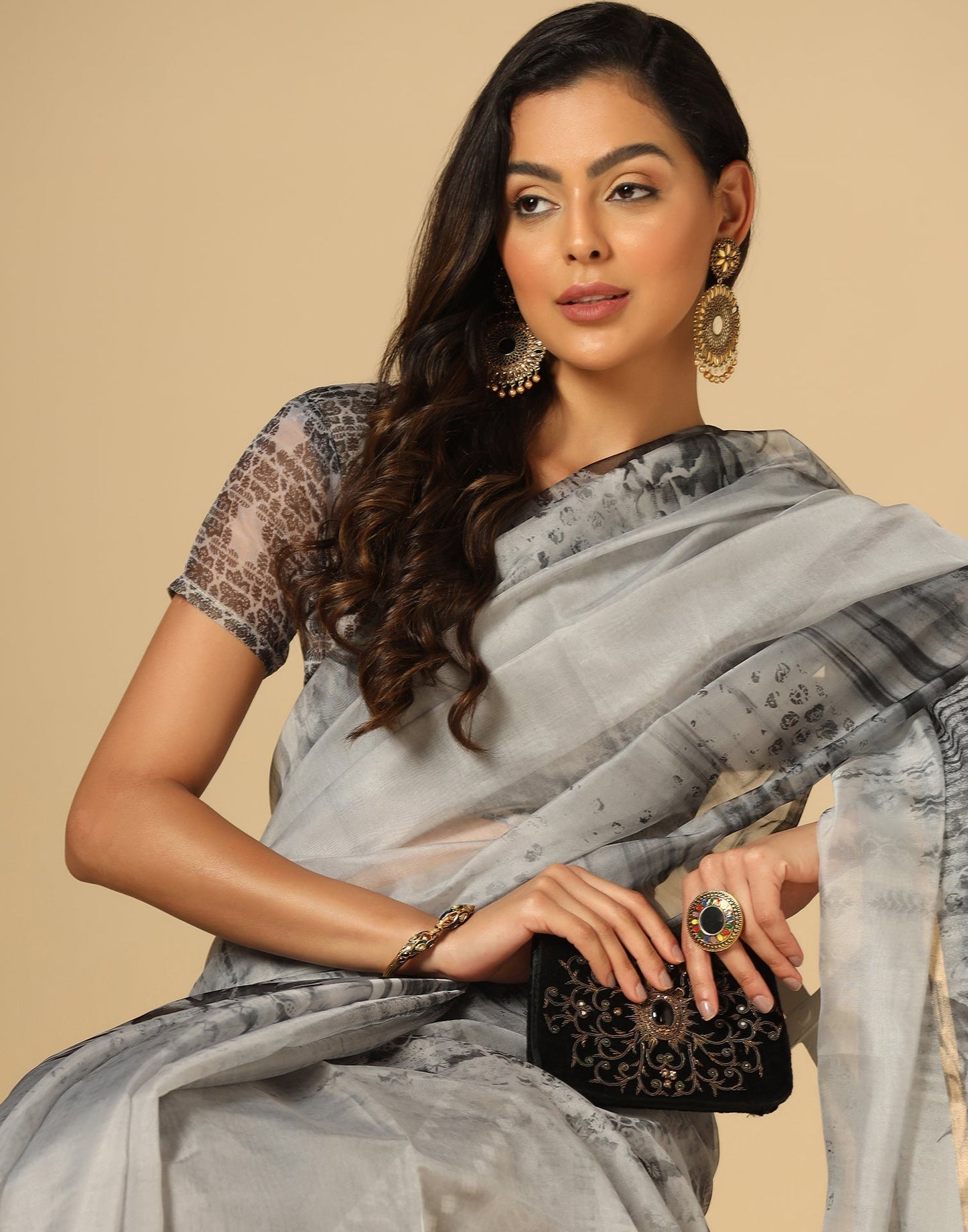 Grey Organza Printed Saree | Leemboodi