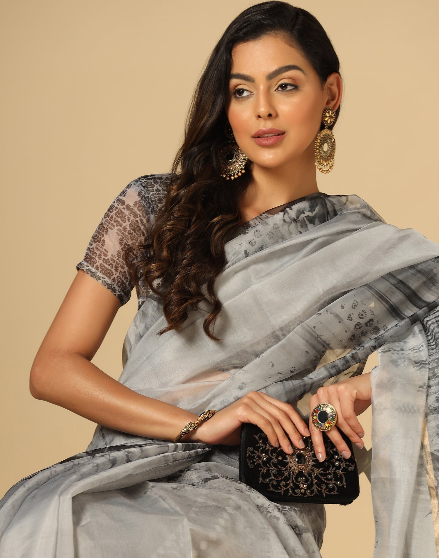 Grey Organza Printed Saree | Leemboodi