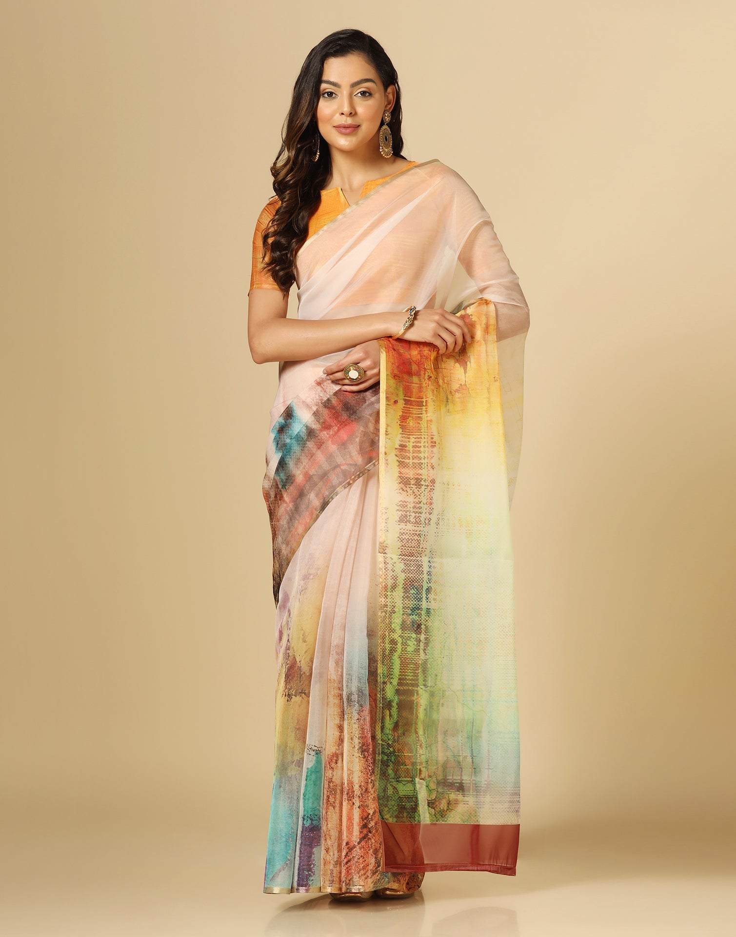 Multicoloured Organza Printed Saree | Leemboodi