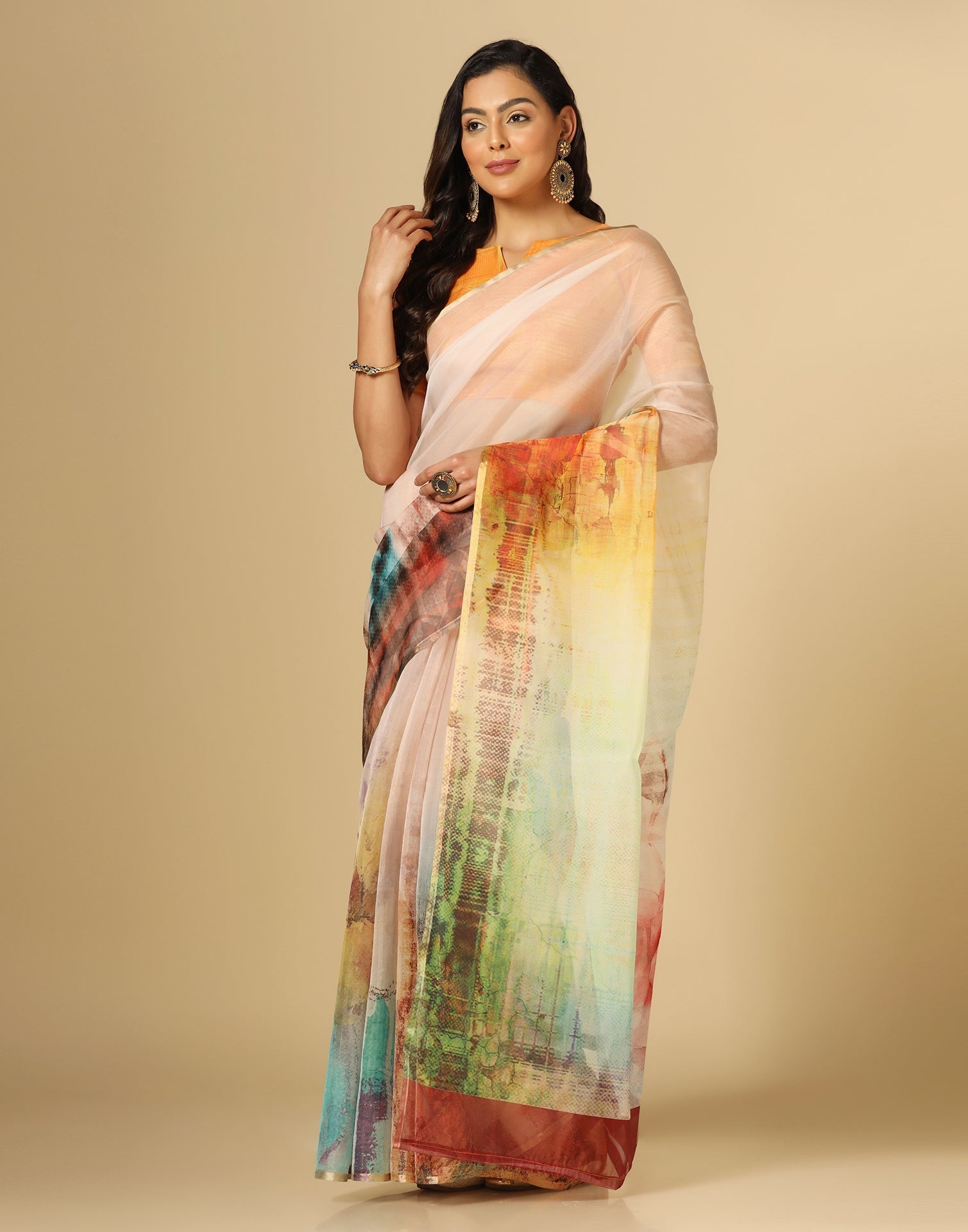 Multicoloured Organza Printed Saree | Leemboodi