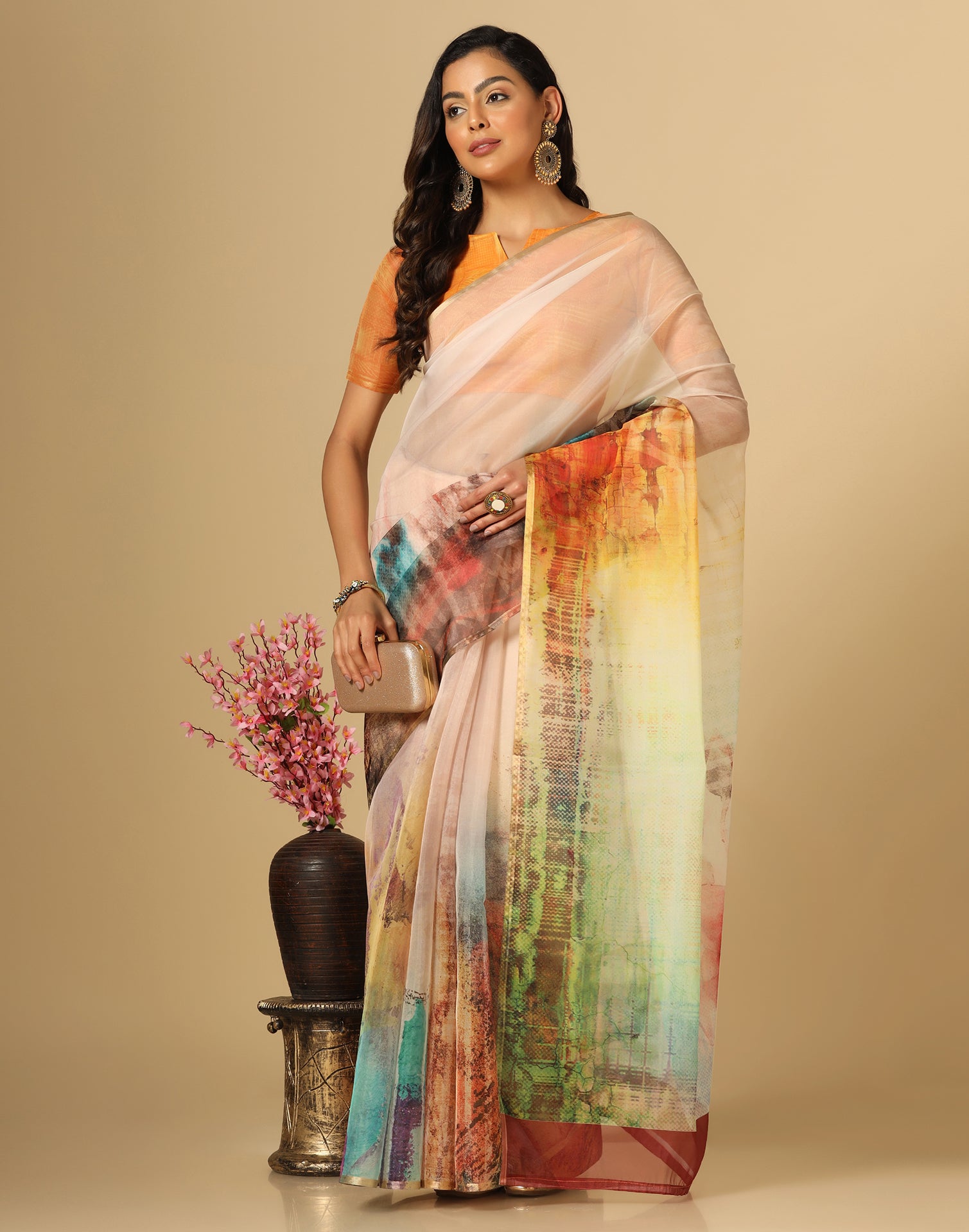 Multicoloured Organza Printed Saree | Leemboodi