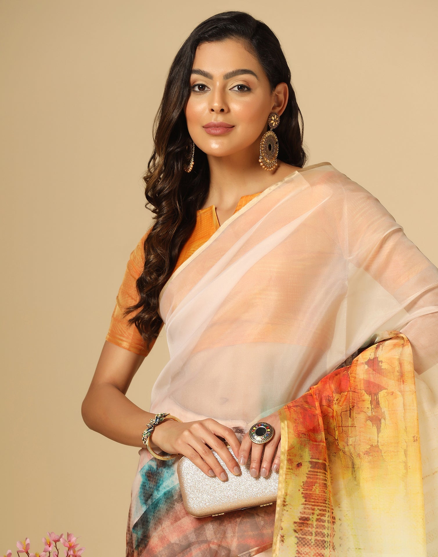 Multicoloured Organza Printed Saree | Leemboodi