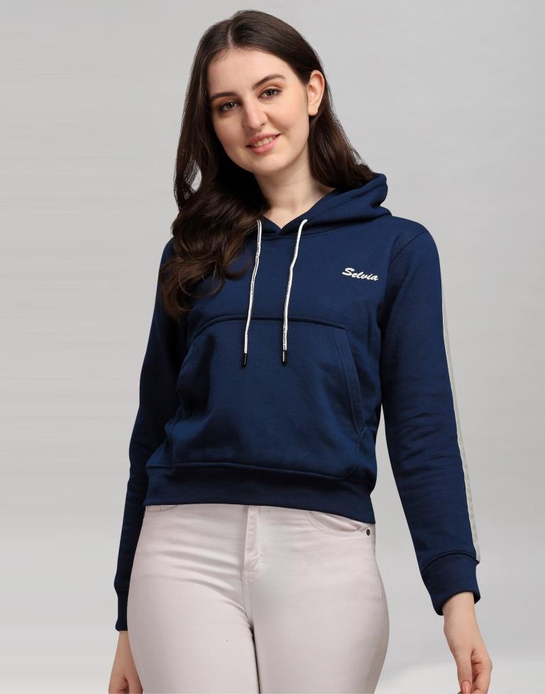 Navy Blue Coloured Cotton Fleece Blend Plain Hoodie | Sudathi