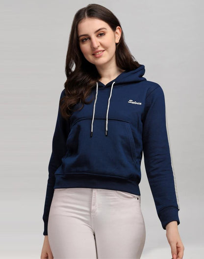 Navy Blue Coloured Cotton Fleece Blend Plain Hoodie | Sudathi