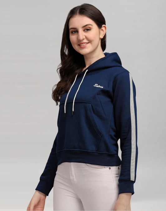 Navy Blue Coloured Cotton Fleece Blend Plain Hoodie | Sudathi