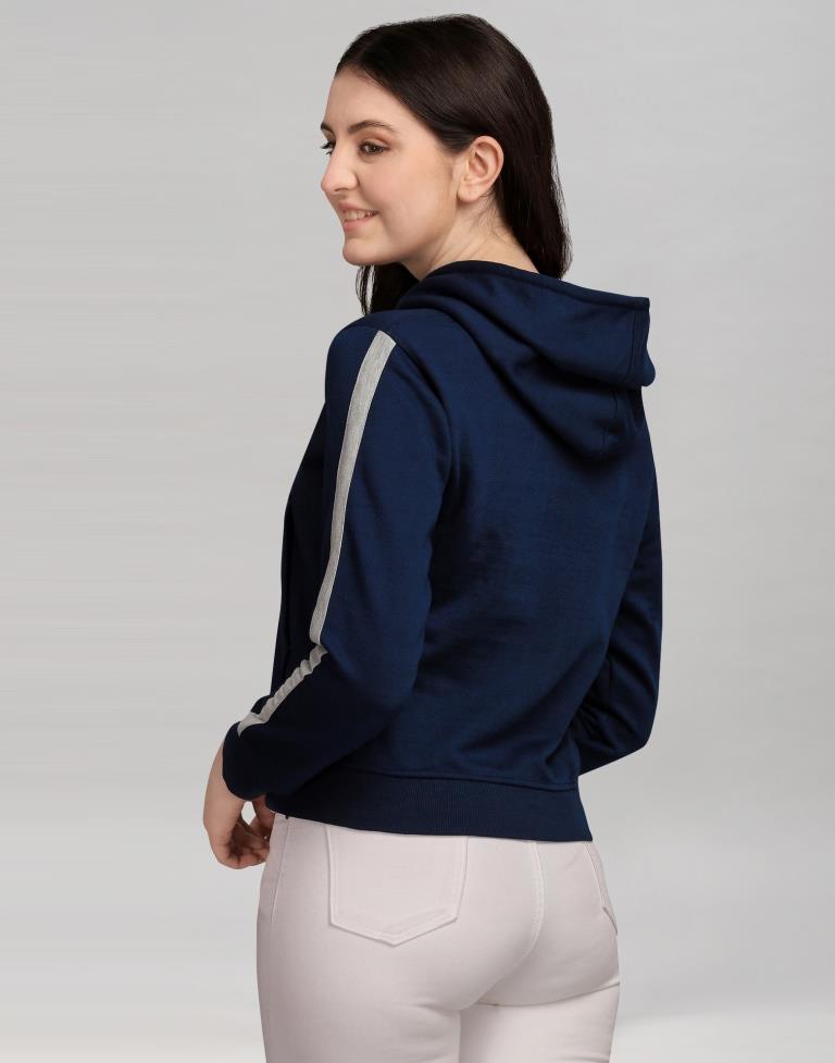 Navy Blue Coloured Cotton Fleece Blend Plain Hoodie | Sudathi