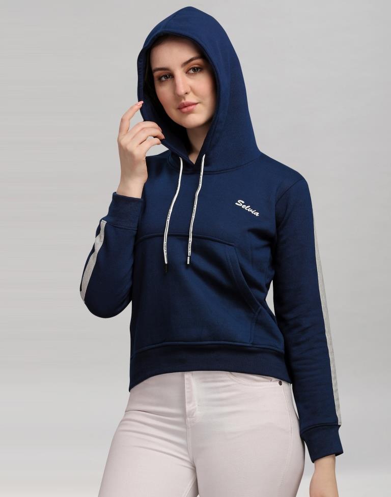 Navy Blue Coloured Cotton Fleece Blend Plain Hoodie | Sudathi