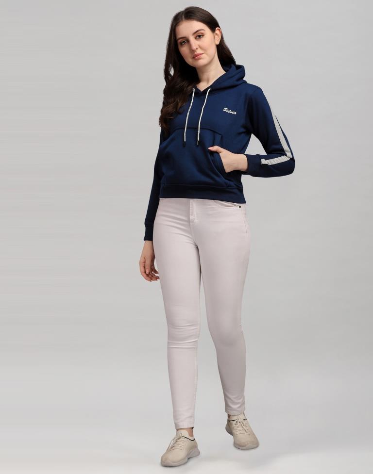 Navy Blue Coloured Cotton Fleece Blend Plain Hoodie | Sudathi