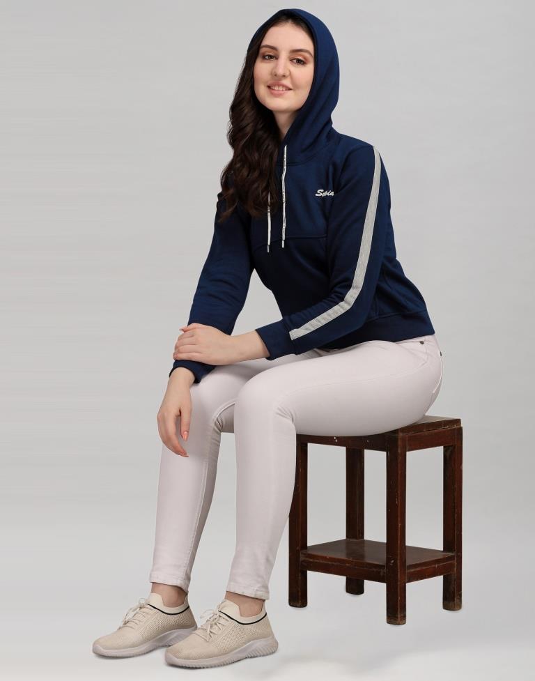 Navy Blue Coloured Cotton Fleece Blend Plain Hoodie | Sudathi