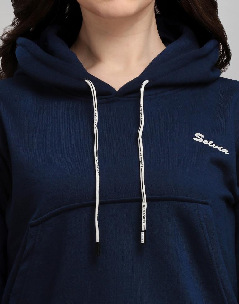 Navy Blue Coloured Cotton Fleece Blend Plain Hoodie | Sudathi