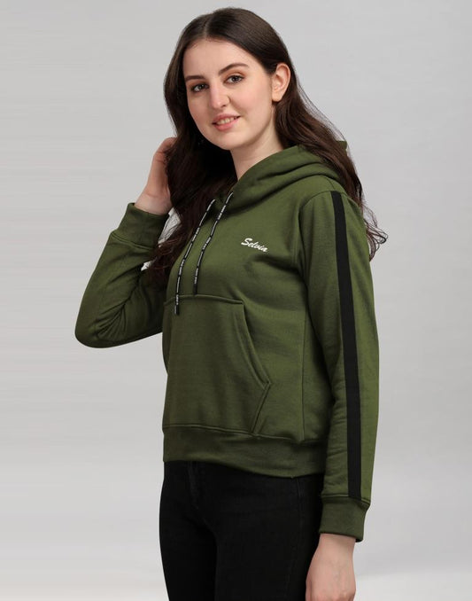 Dark Olive Green Coloured Cotton Fleece Blend Plain Hoodie | Sudathi