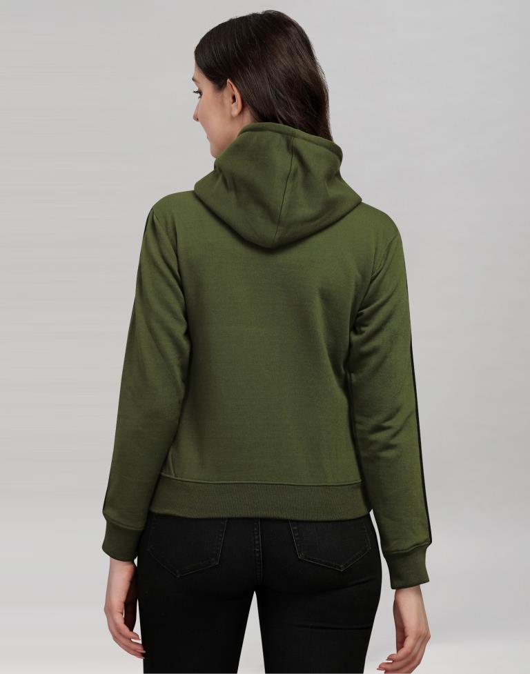 Dark Olive Green Coloured Cotton Fleece Blend Plain Hoodie | Sudathi