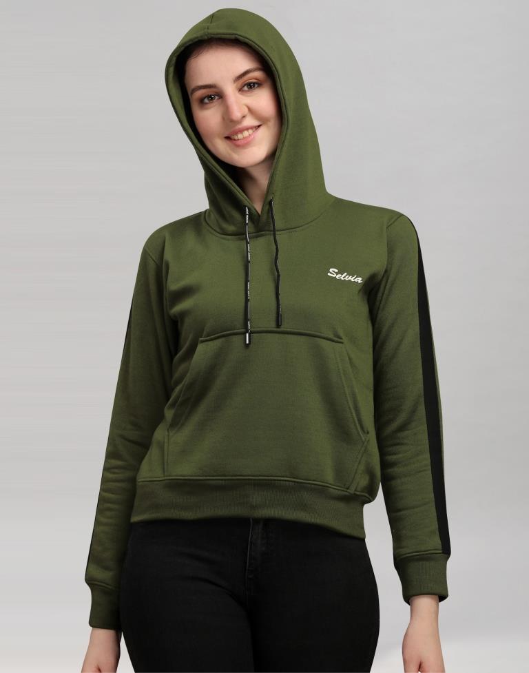 Dark Olive Green Coloured Cotton Fleece Blend Plain Hoodie | Sudathi